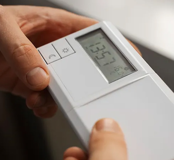 close up of hands holding a classic thermostat